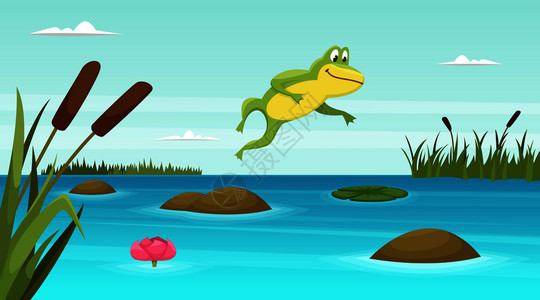 青蛙在池塘中跳跃扁平风卡通矢量插画图片