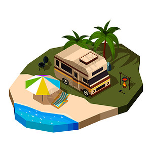 热带公园夏季海上露营车海上旅行插画