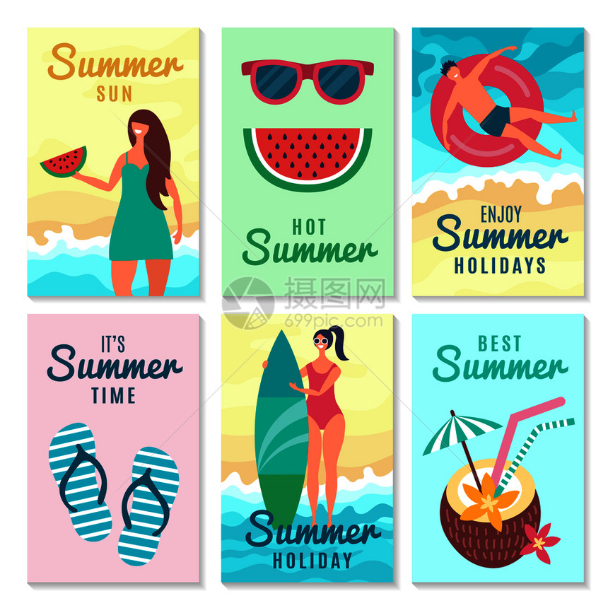 夏季带有夏季符号和各种字的设计卡海报插图图片
