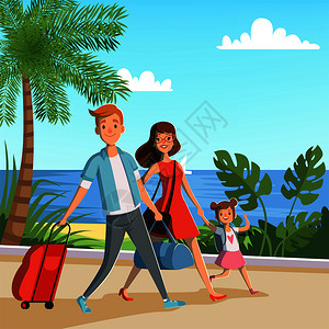 暑假一家人快乐家庭在海滩上行走图片