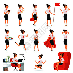 商业女人的各种行为动作扁平风卡通矢量插画图片