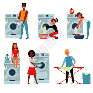 家庭管家洗衣服熨衣服的年轻男女扁平风卡通矢量插画插画