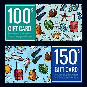 矢量手绘夏季旅行要素礼品卡模板插图图片