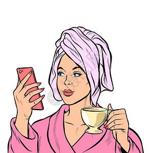 手机和杯子特写流行艺术回放矢量图画妇女早上洗手间咖啡智能机插画