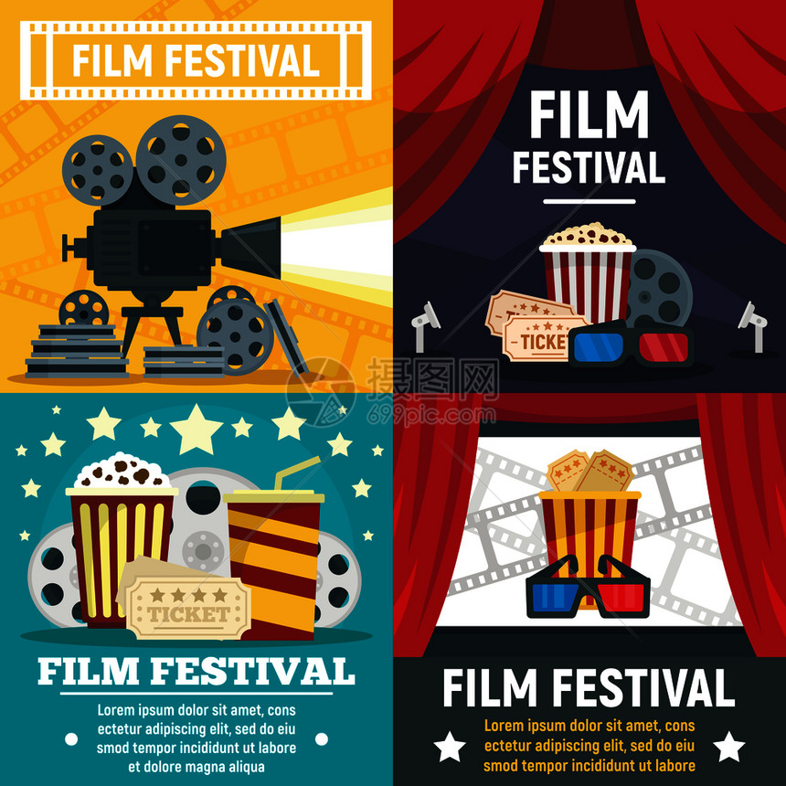 电影节的标语集电影节矢量的标语平面插图为网络设计置电影节的标语集平面风格图片