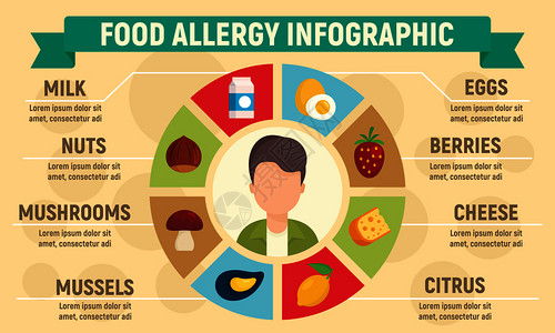 饮食不节食物过敏病媒信息图的平面用于网络设计插画