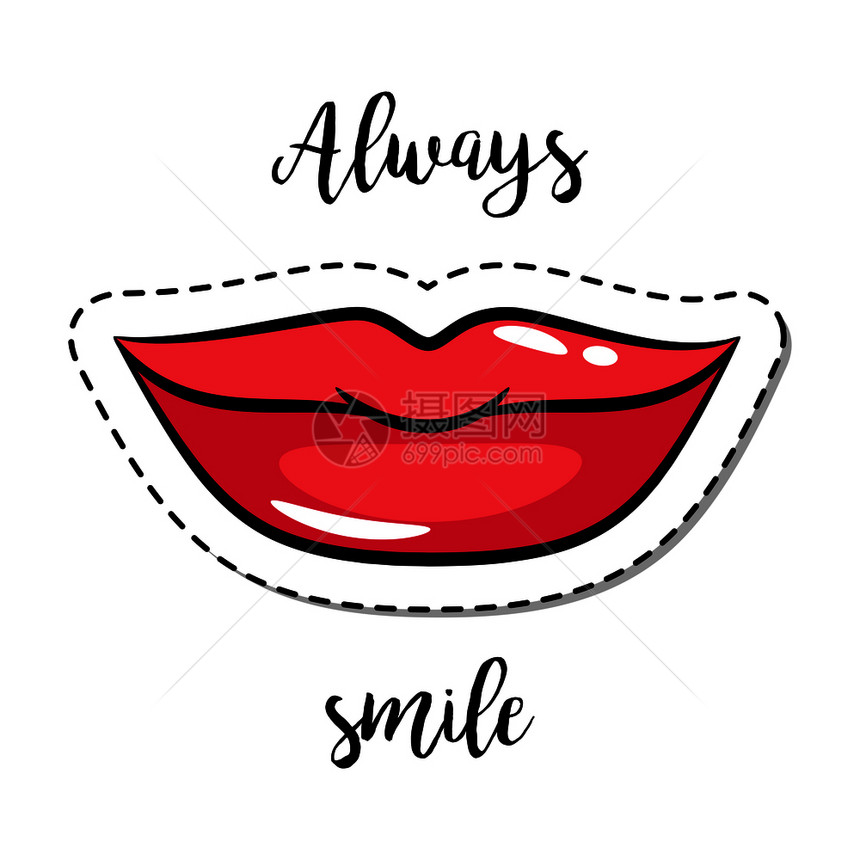 带引号的时装补丁元素总是微笑有女人的嘴唇矢量说明时装补丁元素嘴唇微笑图片