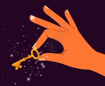 钥匙在旋钮金键在手控矢量插图中的金键闪亮和的绝妙闭锁门秘密金键手持闪亮的键插画