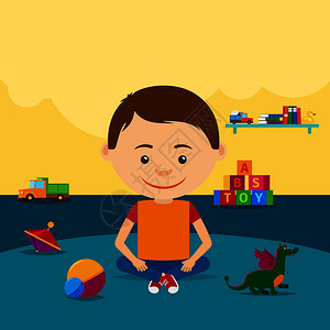 男孩坐在幼儿园地板上被玩具包围图片