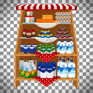 酸奶货架透明背景上的乳制品奶酪和油插画