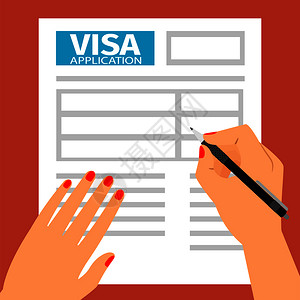 移民签证妇女亲自填写签证申请表病媒说明插画