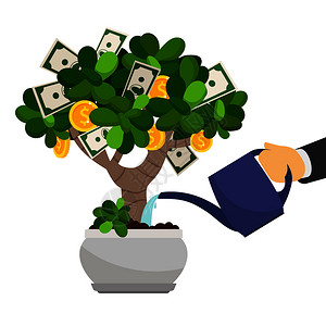 捡钱种植花盆中的金钱树矢量图商人亲手浇水的金钱树插画