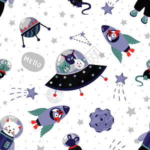 可爱猫咪宇航员无缝卡通矢量插画背景图片