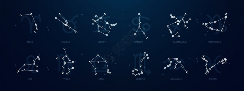 卡里贝克黄昏星座暗色背景的星座和系线符号黄昏天体设计元素矢量演示天文学空间背景的天星黄昏体设计元素插画