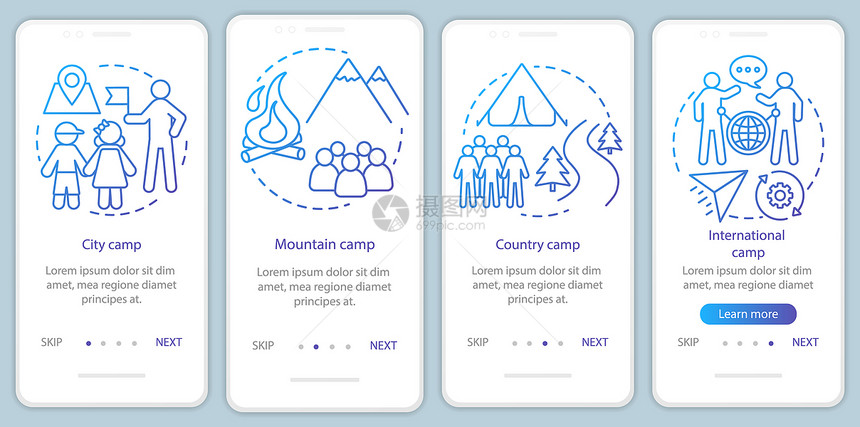 移动应用程序页面屏幕矢量模板上的自然营地野度假旅行走过网站步骤配有线插图uxig智能手机界面概念图片