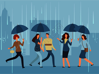 防护伞雨天带伞在街上行走的卡通人物插画