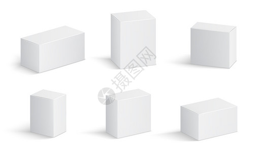 白纸箱不同尺寸的空白药品包医疗产3d病媒孤立模型集装箱包纸模拟紧凑板块插图背景图片