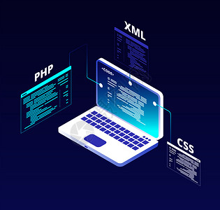 html代码以膝上型和虚拟屏幕制作网站和应用程序软件编html5和ph代码矢量背景演示编程代码ph开发编概念网站开发和应用程序软件编使用膝上插画