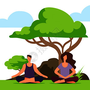 冥想男女孩和男在大草地上上做瑜伽插画