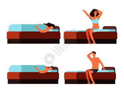 睡在舒适的床上叫醒男女卡通人物矢量图图片