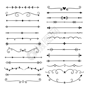 线条设计元件陈年边框书写式或内装饰变换分隔器矢量设置纤维书法装饰式陈年插图手画式分割器变换背景图片