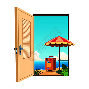通往梦想之路通往海滨沙滩太阳伞行李箱的门插画