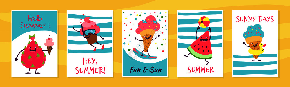 夏季可爱的涂鸦纸杯蛋糕和冰淇淋人物海报和卡片图片