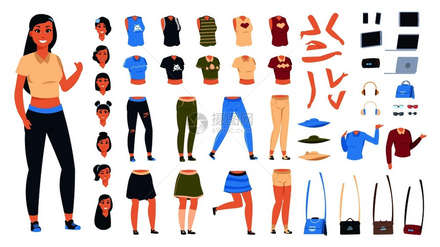 卡通人物构造器女动画组配有身体器官收集不同服装和姿势矢量变异元素配有时髦现代女孩动画组配有不同服装和姿势矢量变异元素配有适合现代图片