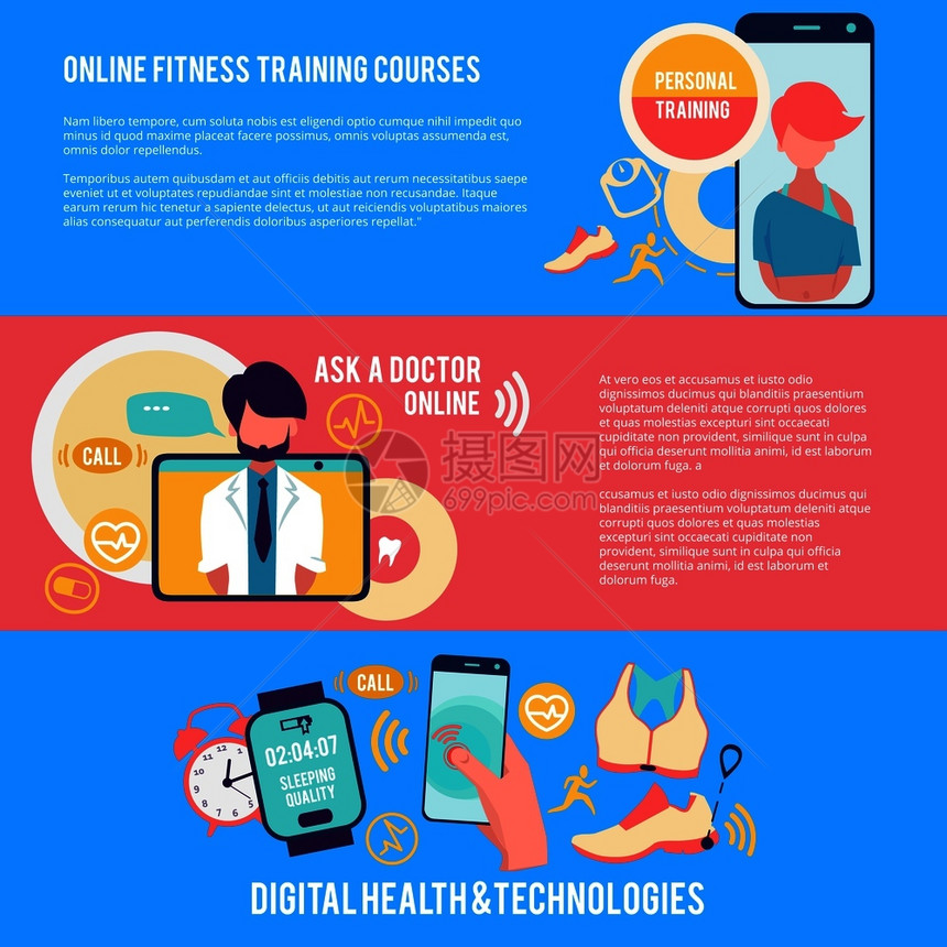 医学和技术带有医学插图的横向幅病媒在线网络诊断健身训练智能手机带有医学插图的横向图片