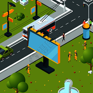 海外巴士信息城市广告牌位置板空白位置插画