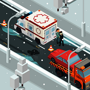 冬季警报汽车失事道路救护车说明图插画