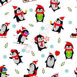 可爱圣诞节图案卡通可爱企鹅无缝图案扁平风卡通矢量插画插画