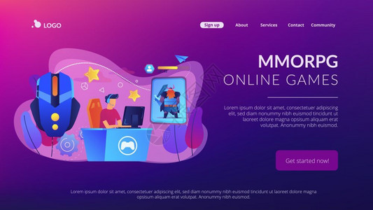 游戏者在网上玩角色扮演游戏在幻想世界玩英雄阿凡达morpg大型多人游戏角色扮演在线游戏的概念网站充满活力的紫罗兰登陆网页模板mo背景图片