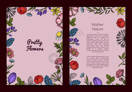 手绘夏季花卉和绿叶图案海报传单模板插图图片