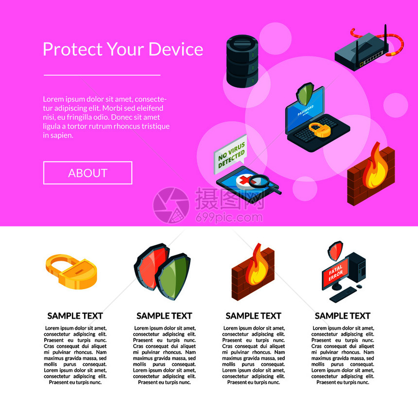 矢量等数据和计算机安全图标着陆页面模板插图图片