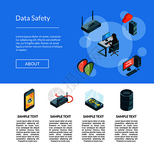电脑页面图标数据和计算机安全图标着陆页面模板插图横幅带有信息地理图矢量等数据和计算机安全图标着陆页面模板插图插画