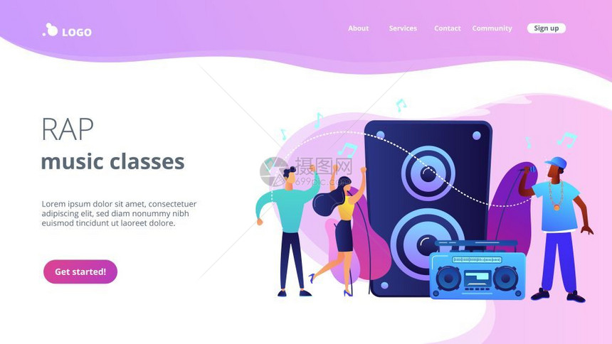 音乐演讲人和在会跳舞的极小人手持麦克风的嘻哈歌手音乐舞派对饶舌音乐班概念网站主页登陆模板嘻哈音乐概念着陆网页图片