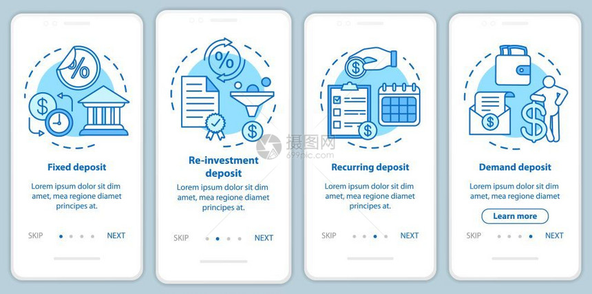 储蓄存款投资在带有线概念的移动应用程序页面屏幕上不同的存款类型4个步走骤图形指示uxi带插图的gui矢量模板图片