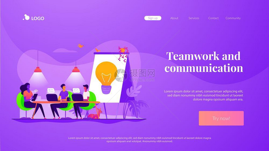 远程工作同事集思广益和搜索解决方案自由职业者共同工作团队合和交流独立活动概念网站主页头登陆网模板共同工作着陆网页模板图片