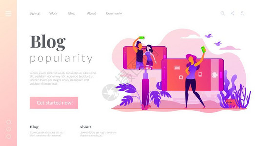 图像摄影自传文化概念社交网络博客vlog自画像受欢迎程度网站界面ui模板带有信息地理概念创作英雄头版图像的登陆网页自传矢量着陆页面模板插画
