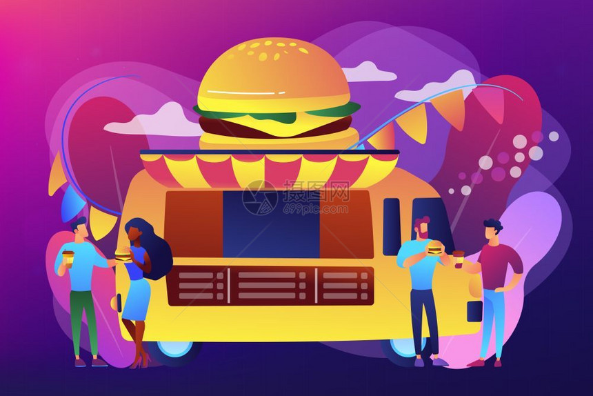 卡车上的有汉堡生意人吃快餐喝咖啡街头食品节当地网络世界烹饪节概念活跃的紫外线矢量孤立图食品节概念矢量图图片