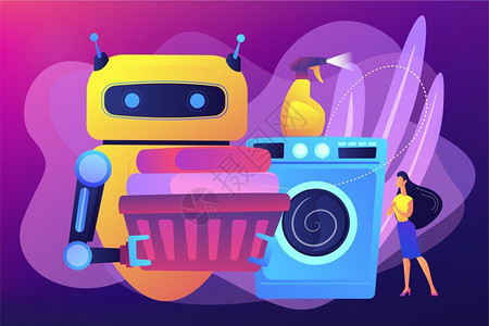 洗衣篮子机器人在洗衣中用和装上篮子和洗衣服家用机器人技术真实的机器人个家庭机器概念活跃的紫外线矢量隔离明亮的插图家用机器人技术概念矢量插插画