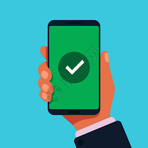 智能手机屏幕上的选中标记绿色确认成功通知完应用程序更新或购买手持移动电话上的支付滴答检查标记矢量平面插图智能手机屏幕上的选中标记背景图片