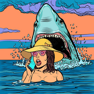 鲨鱼帽子一名鲨鱼在海上攻击一名妇女插画