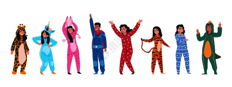 睡衣派对穿着卡通动物睡衣的男女扁平风卡通矢量插画插画