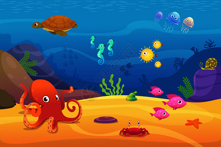 海底乌龟水族馆卡通鱼类海洋生物插画