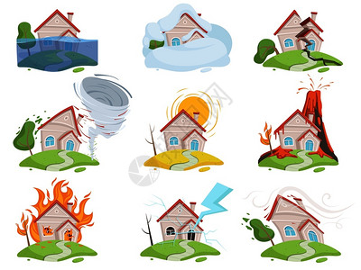 火爆发破坏和灾害龙卷风洪水台风地震火山毁坏的房屋插画