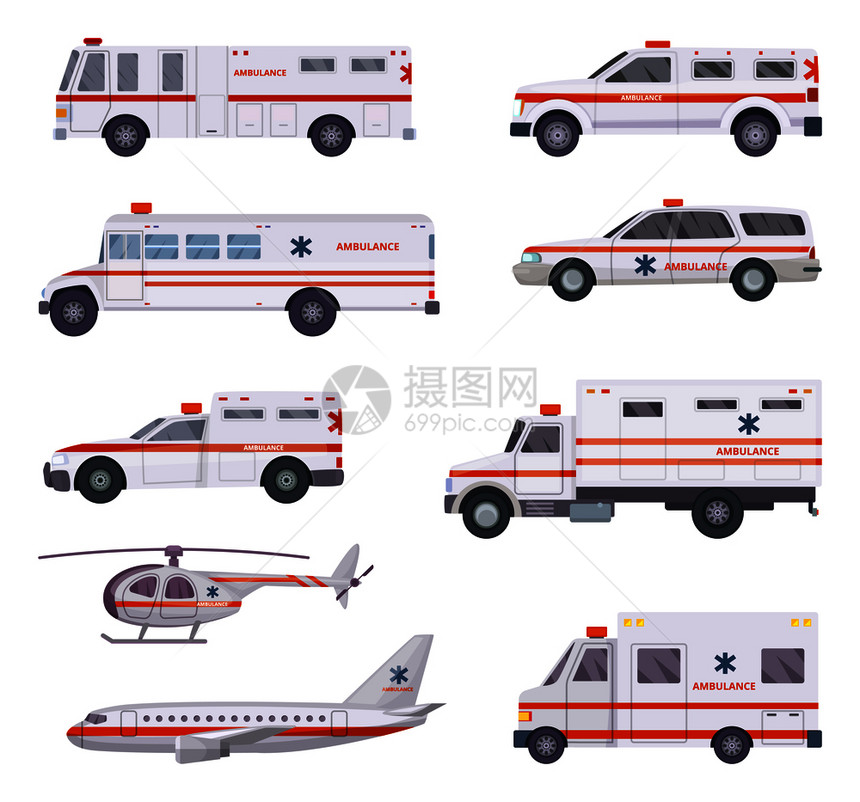 医疗救护服务车直升机和面包车卡片图片
