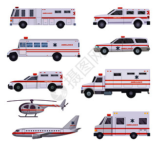 紧急救护医疗救护服务车直升机和面包车卡片插画
