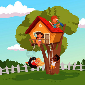 树屋秋千儿童树屋上荡千秋拿着望远镜的孩子们插画